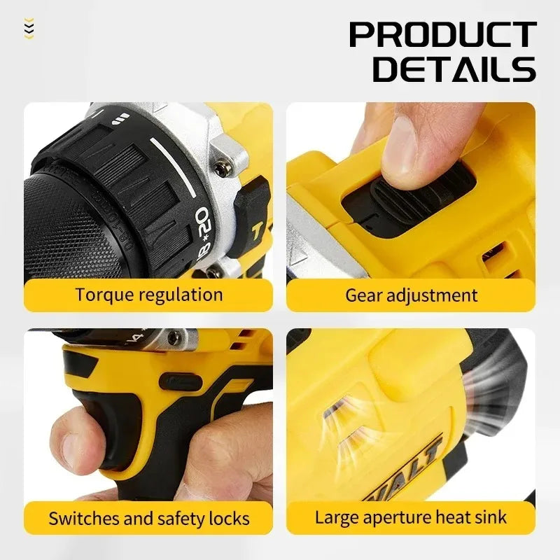 DEWALT DCD805 side view, battery pack and drill head in yellow and black