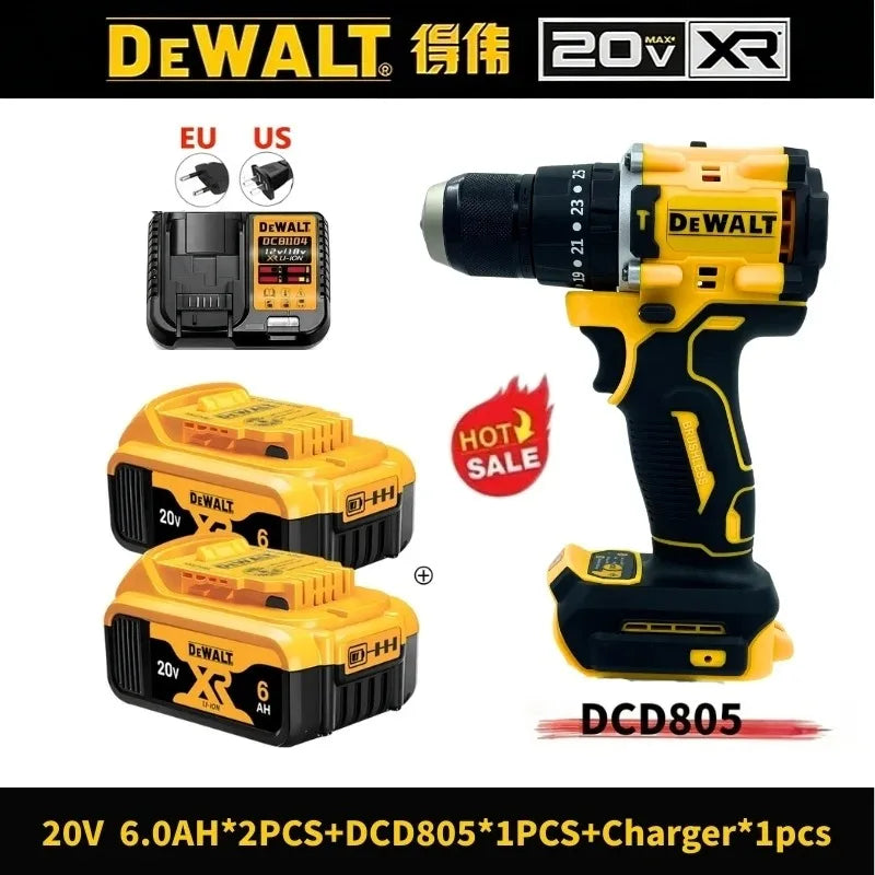 DEWALT DCD805 high-torque drill, yellow and black compact electric screwdriver