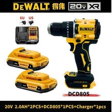 DEWALT DCD805 packaging, yellow and black drill with one battery