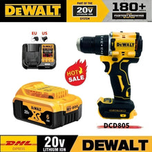 DEWALT DCD805 packaging, yellow and black drill set with battery and charger