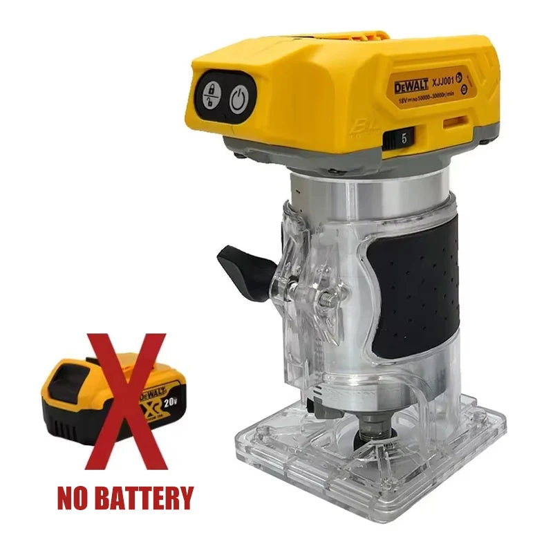 Dewalt brushless trimmer front view, metal base and ergonomic grip