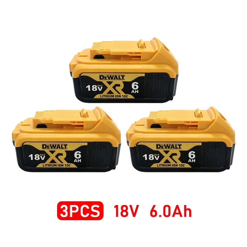 DeWalt cordless brushless trimmer with three yellow-and-black battery packs