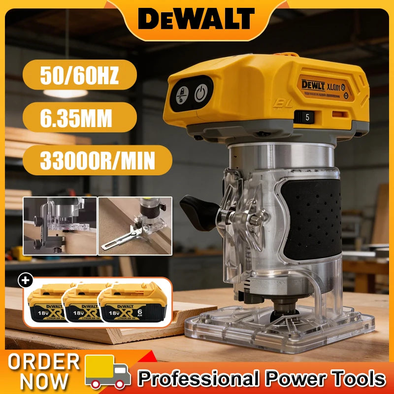 Dewalt brushless trimmer lifestyle shot, yellow and black with 33000 RPM