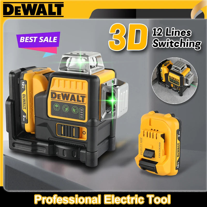 Dewalt DW089LG front view, yellow-black laser level with green line