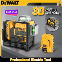 Dewalt DW089LG front view, yellow-black laser level with green line