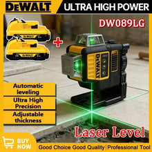 Dewalt DW089LG laser level with green beam, yellow-black side view