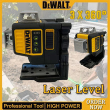 Dewalt DW089LG front view, yellow-black laser level with green light