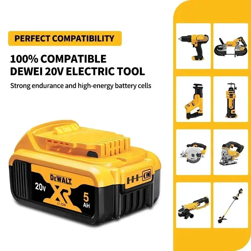 DEWALT 20V 5Ah battery lifestyle shot, yellow and black with tools