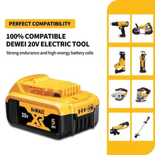 DEWALT 20V 5Ah battery lifestyle shot, yellow and black with tools