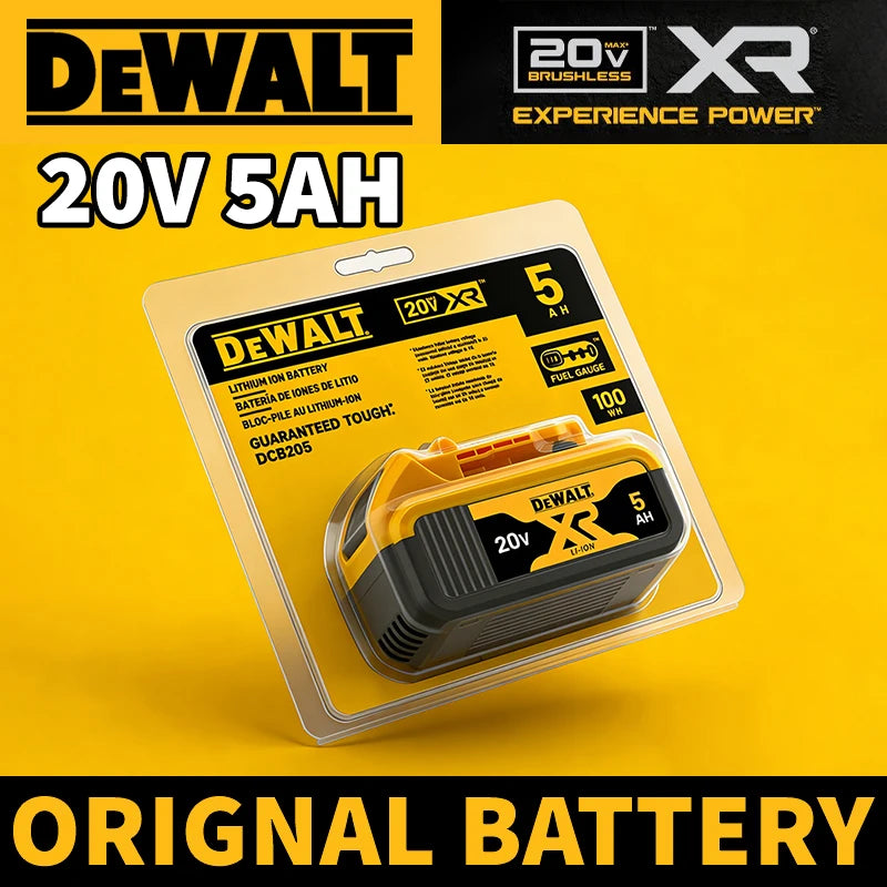 DEWALT 20V 5Ah battery in yellow and black packaging, front view