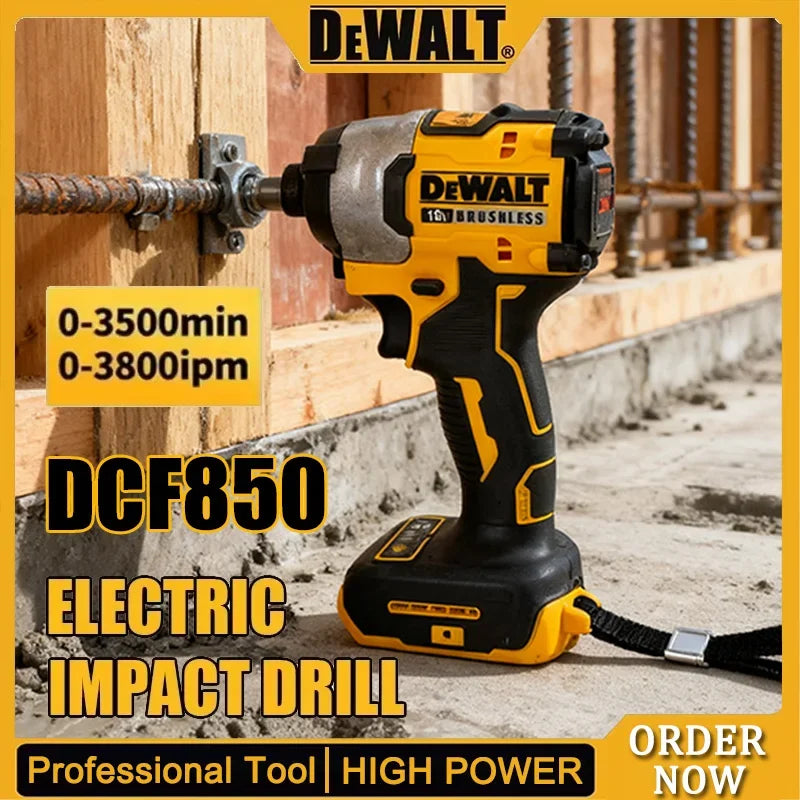 DEWALT DCF850 high-torque view of yellow and black cordless impact driver