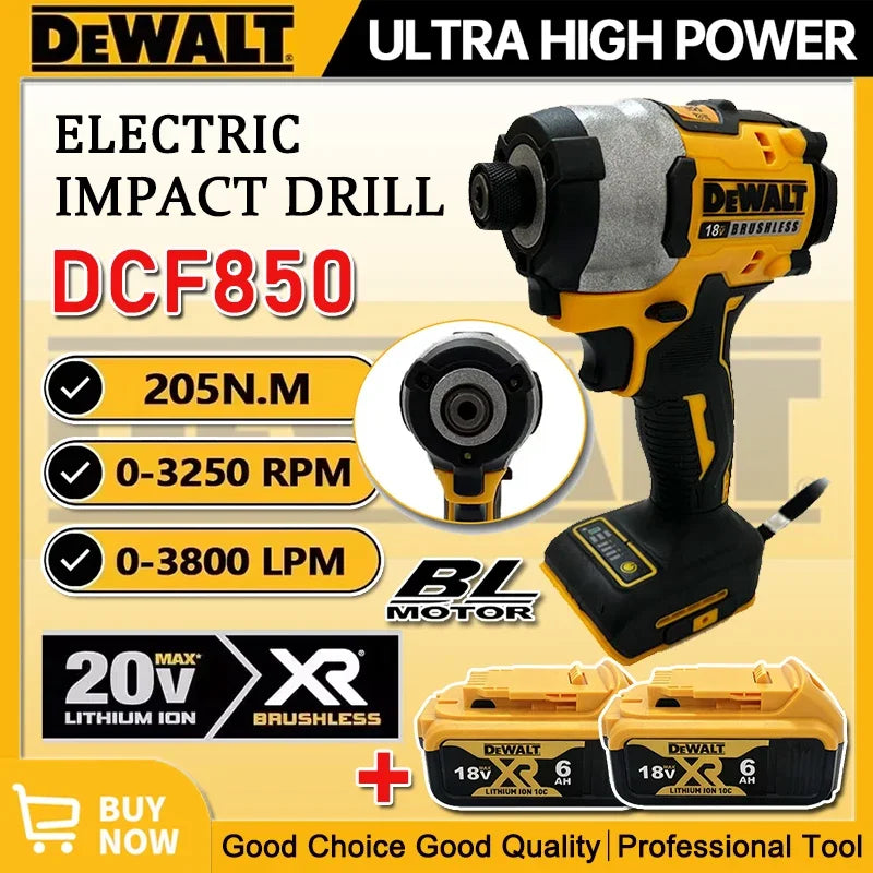 DEWALT DCF850 front view of yellow and black cordless impact driver
