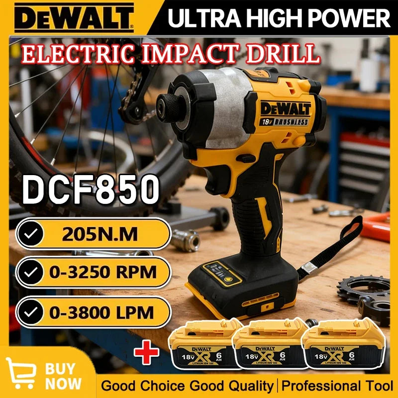 DEWALT DCF850 lifestyle shot, yellow and black cordless impact driver