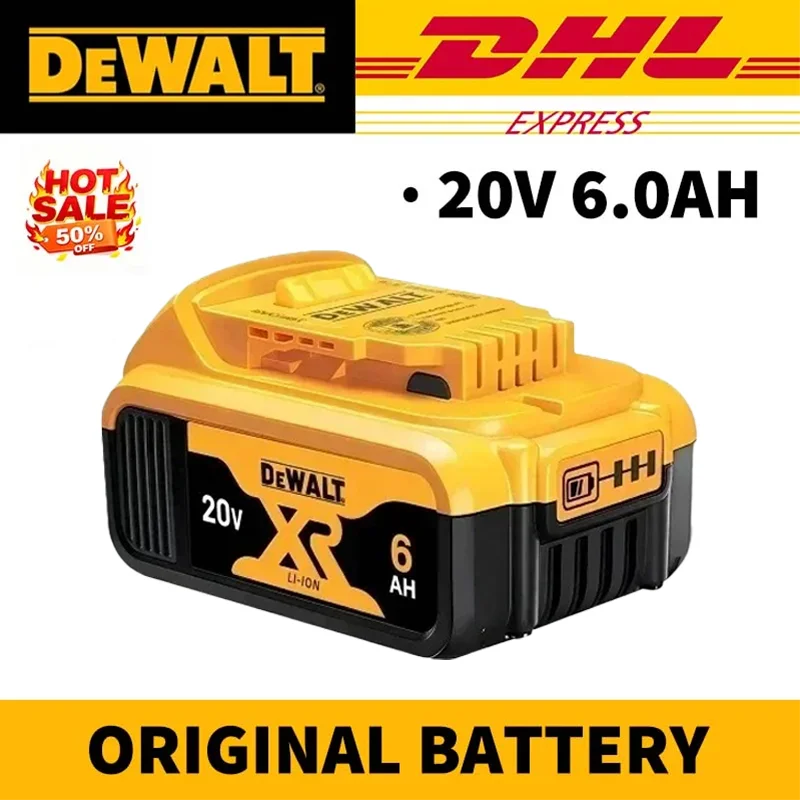 DEWALT 20V 6.0Ah battery front view, yellow and black