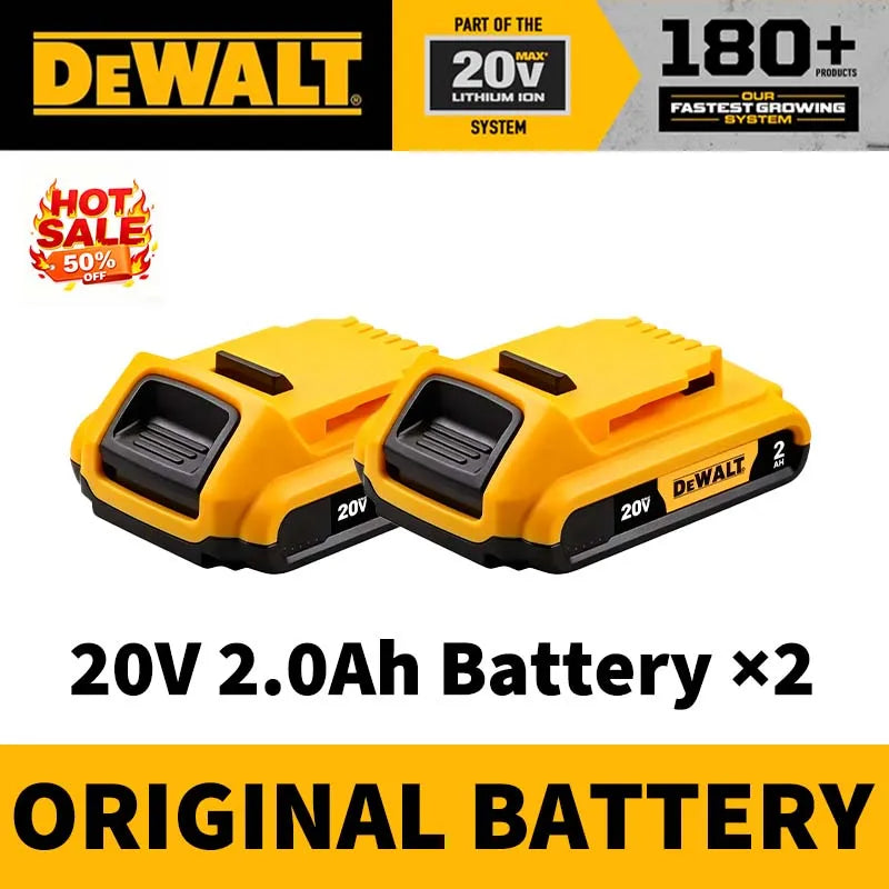 DEWALT 20V 2.0Ah battery packaging, yellow and black, front view