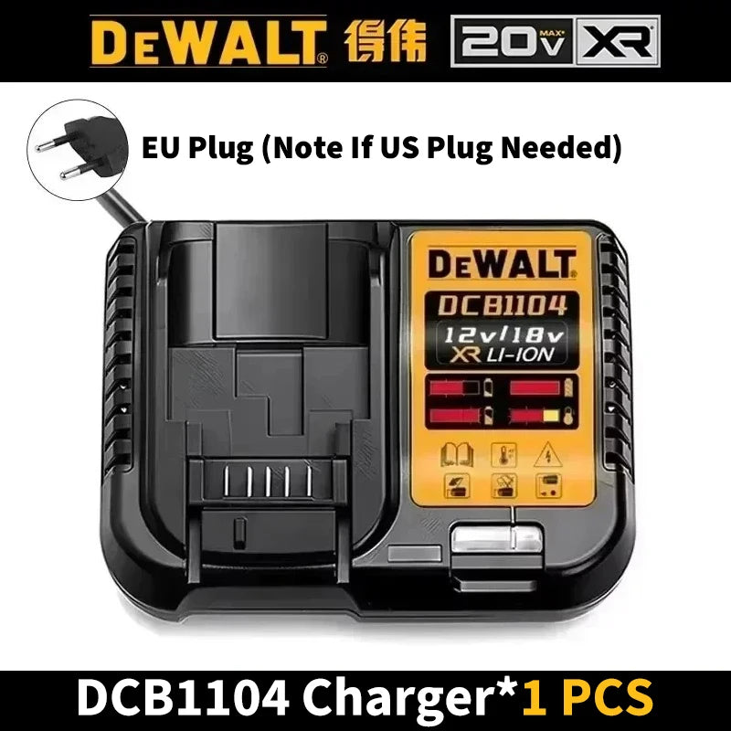 DEWALT charger with DC plug and LED indicators, black and yellow, close-up