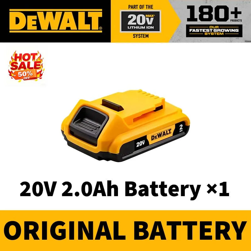 DEWALT 20V 2.0Ah battery packaging, yellow and black, front view