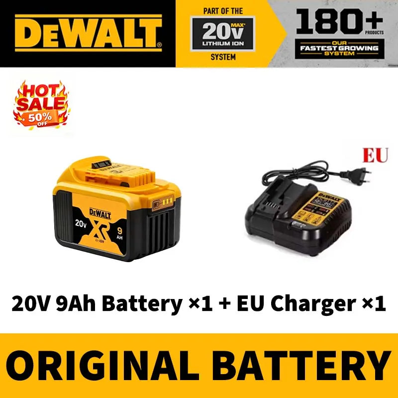 DEWALT 20V battery packaging, yellow and black three-pack front view