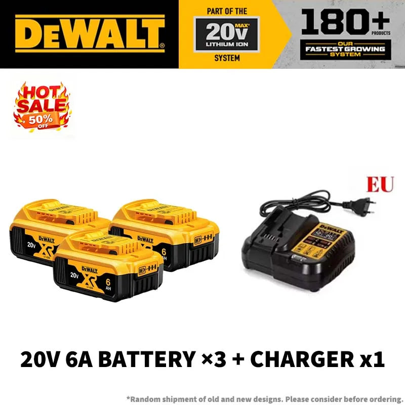 DeWalt 18V/20V battery set packaging, yellow and black on white