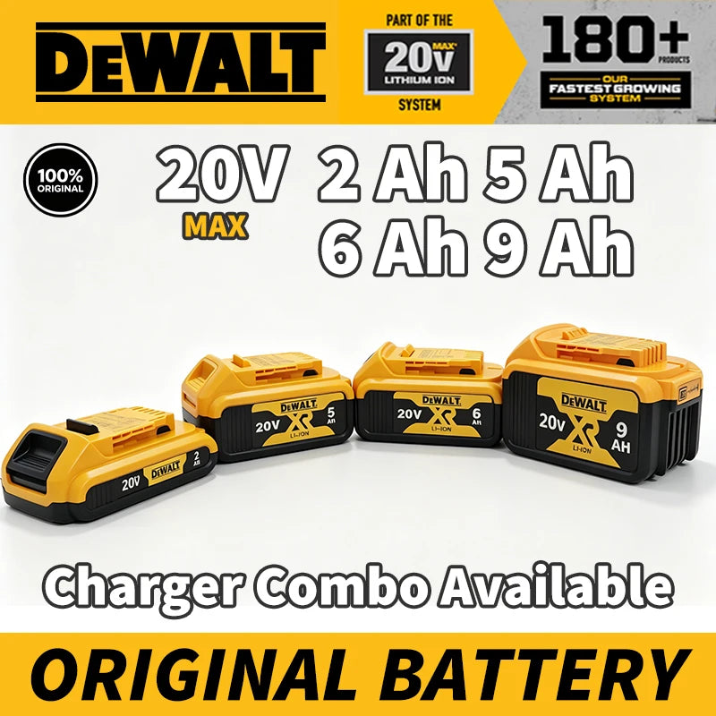 DEWALT 18V/20V battery pack front view, black and yellow 6.0Ah