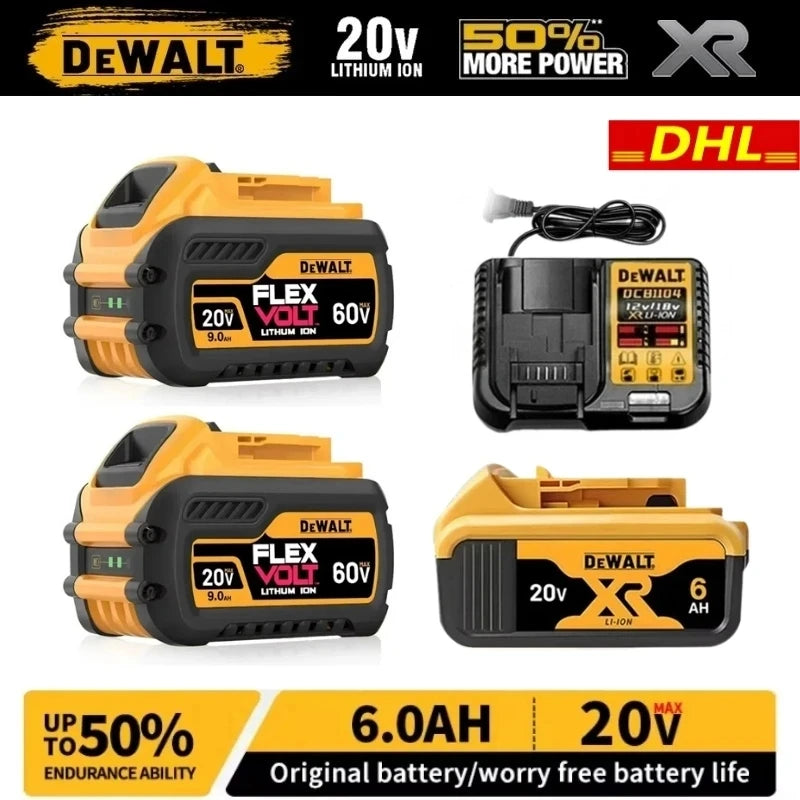 Dewalt 20V battery pack front view, yellow and black with 6.0Ah/9.0Ah