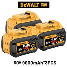 DeWALT battery pack packaging, three batteries in yellow and black