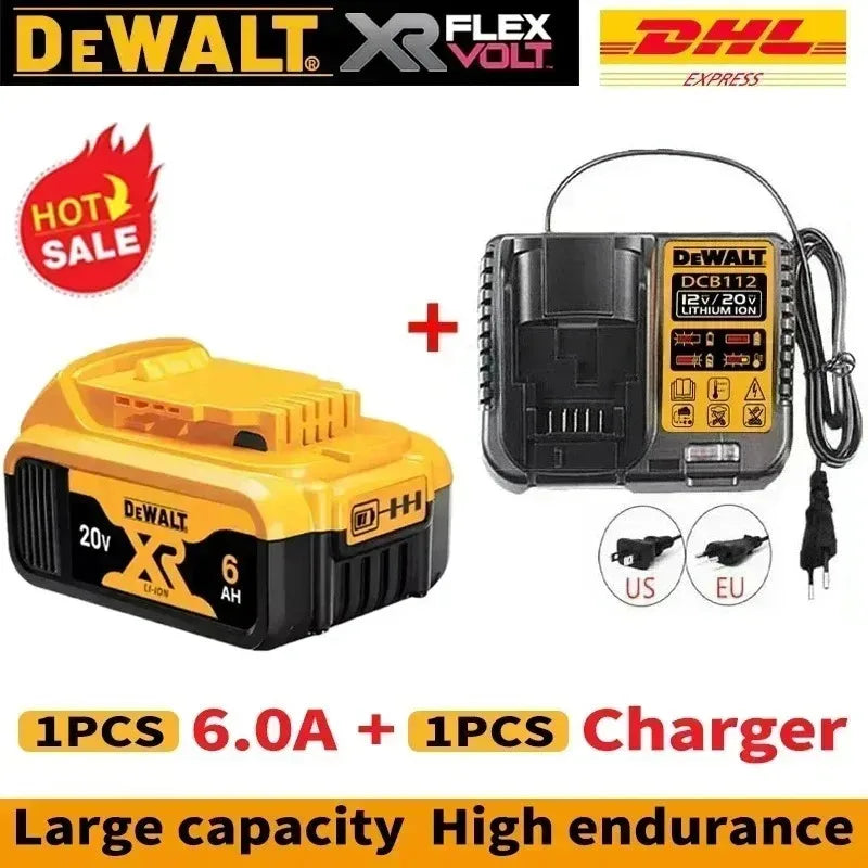 DeWALT battery and charger set front view, yellow and black