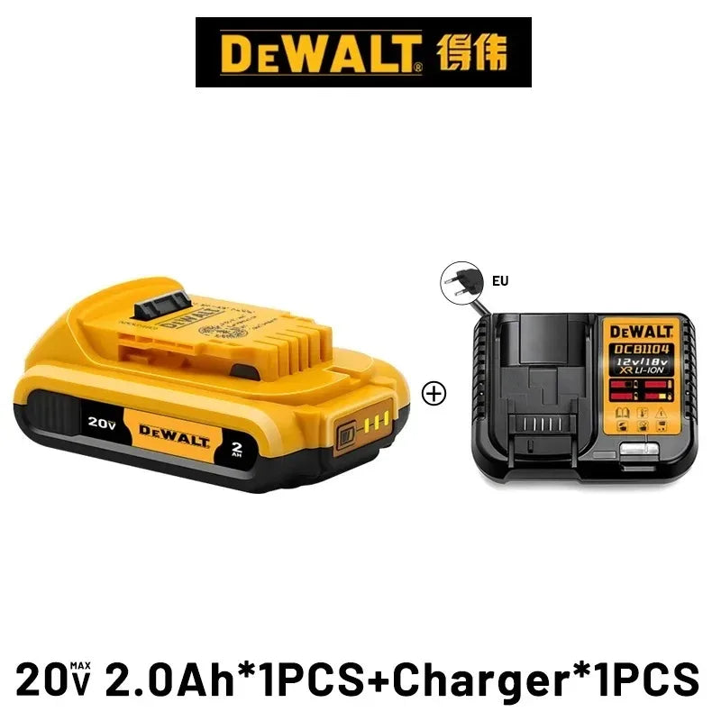DeWALT 20V battery and charger side view, yellow-black with 2.0Ah included