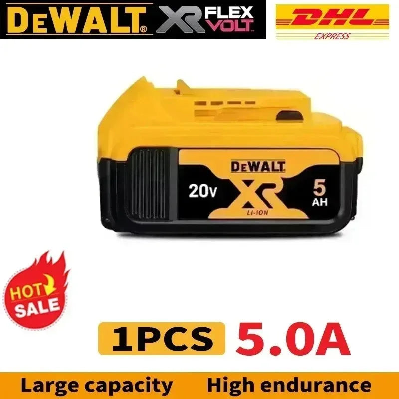 DeWALT battery pack front view, yellow-black showcasing 5.0Ah high-capacity