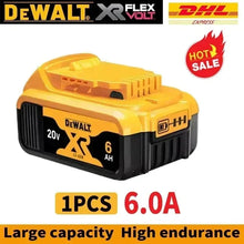 DeWALT 20V battery front view, yellow-black high-capacity pack on white