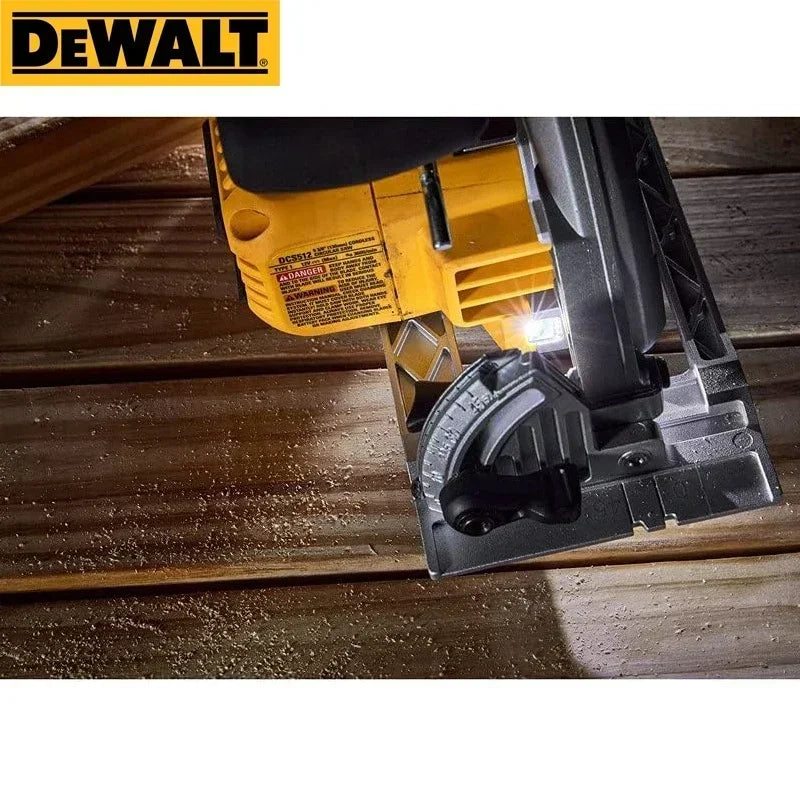 Dewalt DCS512 detail close-up cutting wood with dust port