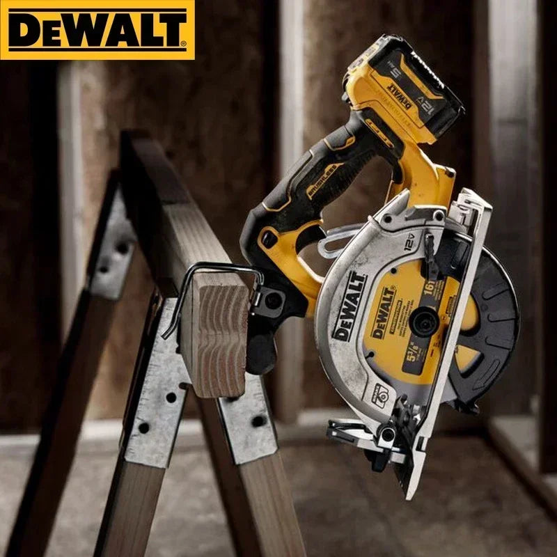 Dewalt DCS512 lifestyle shot on stand, cordless circular saw