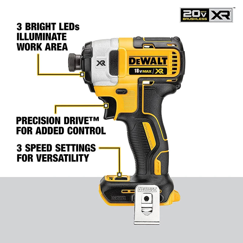DEWALT DCF887 LED detail close-up, precision drive in yellow and black