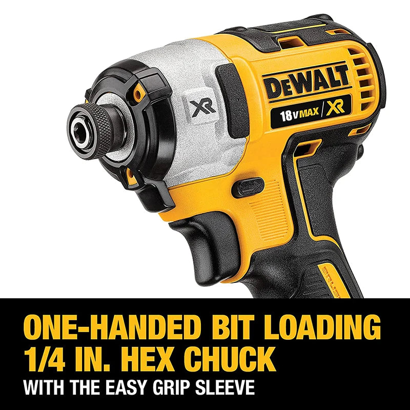 DEWALT DCF887 one-handed bit loading detail with 1/4-inch hex chuck