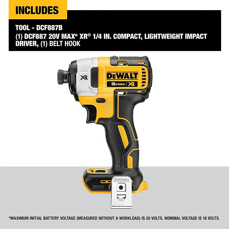 DEWALT DCF887 impact driver packaging, yellow and black brushless design