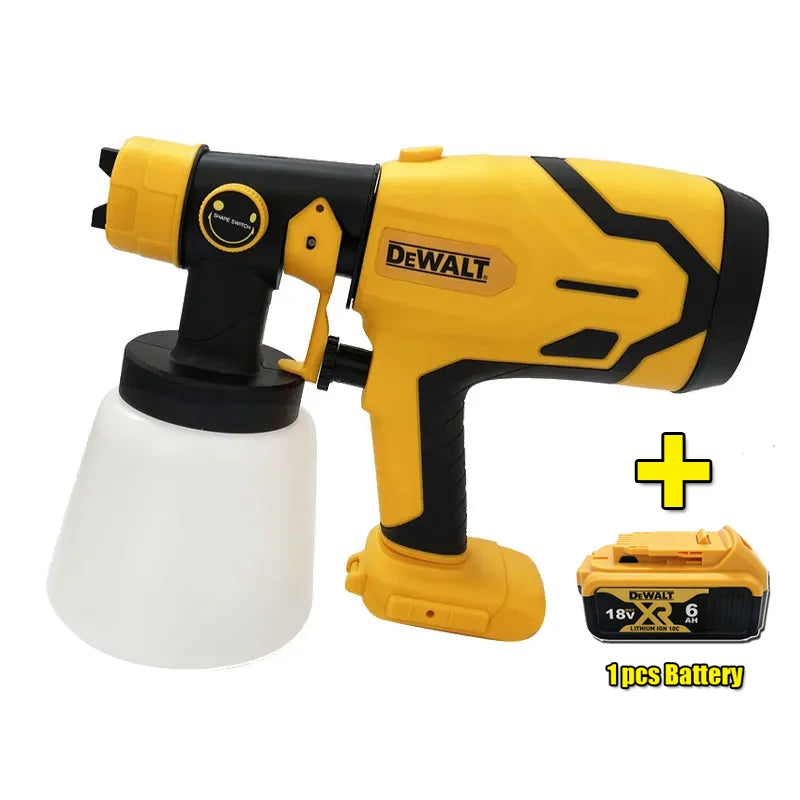 DEWALT paint sprayer detail, yellow and black battery included