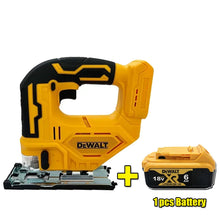 DEWALT brushless jigsaw precision cutting front view, yellow tool on white