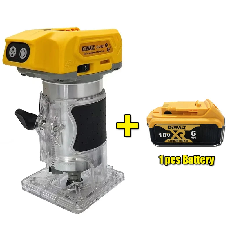 DEWALT brushless router base plate front view, yellow tool on white