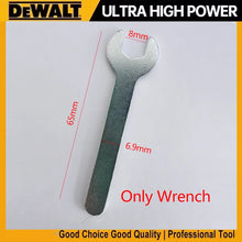 DEWALT brushless wrench detail close-up, silver open-end tool on dark background