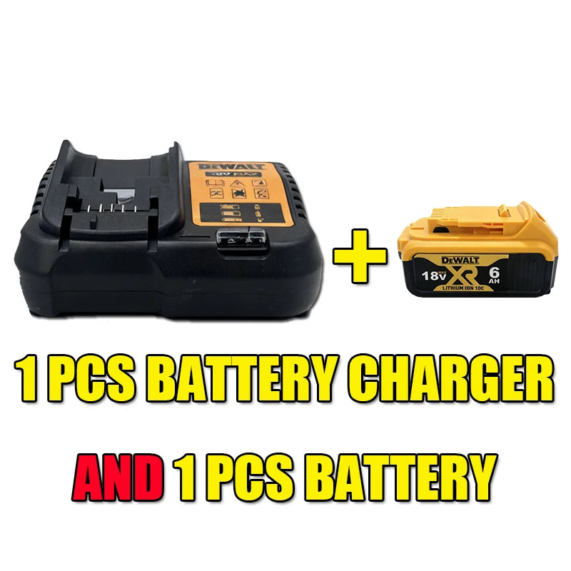 DEWALT 18v battery charger detail, black charger with one battery on white