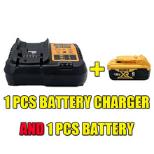 DEWALT 18v battery charger detail, black charger with one battery on white