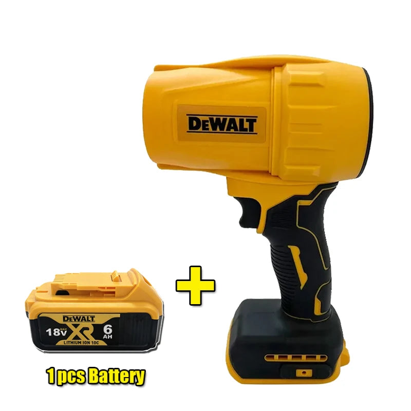 DEWALT brushless paint sprayer detail, yellow spray gun with battery on white