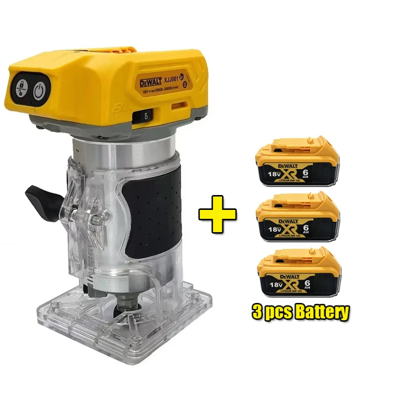 DEWALT brushless router front view, yellow tool with variable speed control