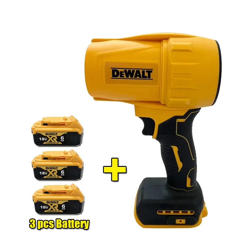 DEWALT brushless blower front view, yellow compact tool with ergonomic handle