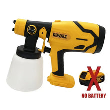 DEWALT brushless spray gun front view, yellow nozzle with detachable cup