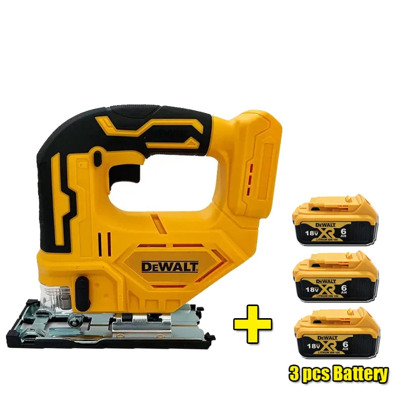 DEWALT brushless jigsaw front view, yellow tool on white background