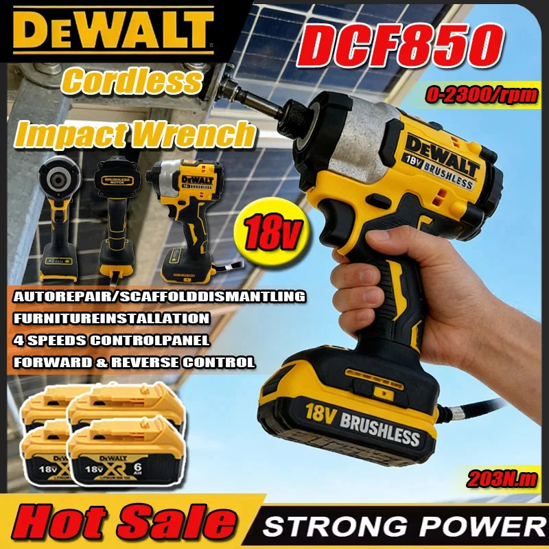 DEWALT brushless drill front view, yellow and black cordless tool