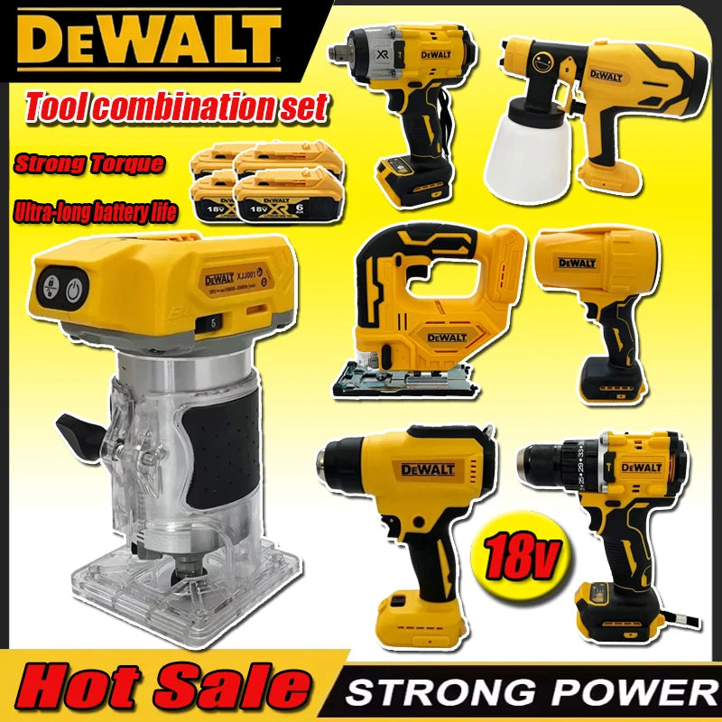 DEWALT brushless tool set packaging, yellow and black multiple tools