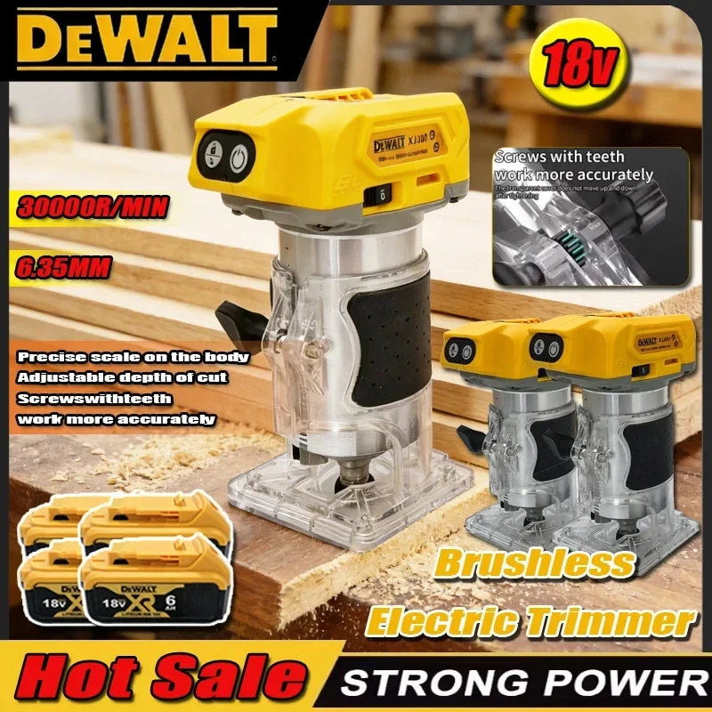 DEWALT router lifestyle shot, yellow and silver compact power tool