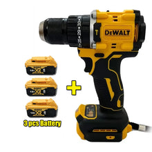 DEWALT brushless cordless drill front view, yellow with batteries